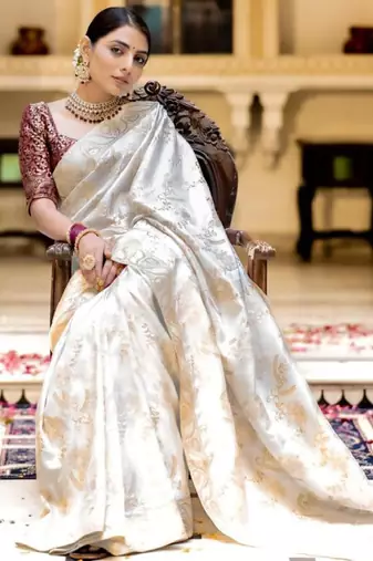 off white silk blend kanjeevaramsaree with ethnic motifs zari design
