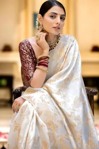 off white silk blend kanjeevaramsaree with ethnic motifs zari design