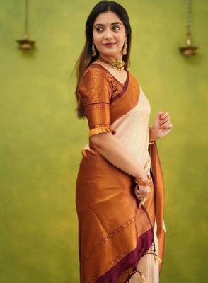 Women zari kanjeevaram saree with blouse piece 4
