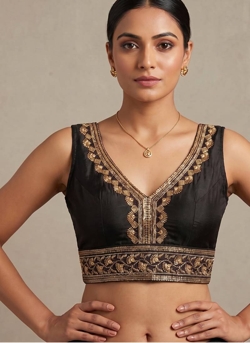Black roman silk with coading sequence & beads work readymade blouse