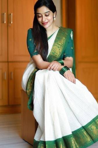 white checked woven design silk kanjeevaram saree