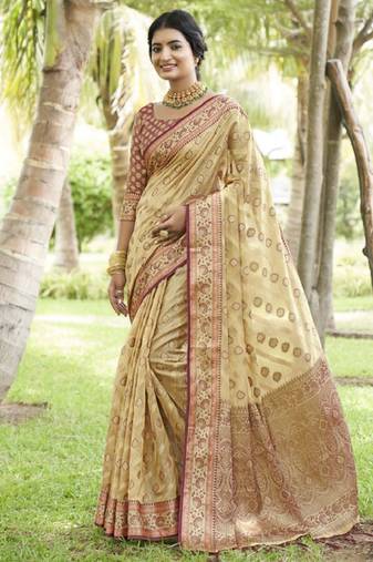 cream organza kanjeevaram saree with woven design