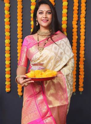 Ethnic motifs woven design zari kanjeevaram saree 1