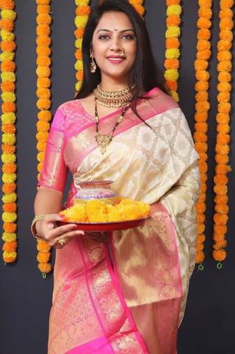 cream ethnic motifs woven zari silk kanjeevaram saree