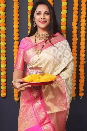 cream ethnic motifs woven zari silk kanjeevaram saree
