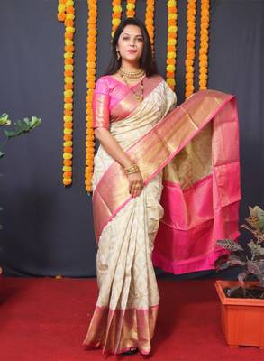 Ethnic motifs woven design zari kanjeevaram saree 2