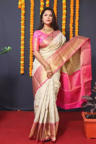 cream ethnic motifs woven zari silk kanjeevaram saree