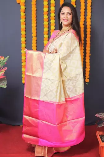 cream ethnic motifs woven zari silk kanjeevaram saree