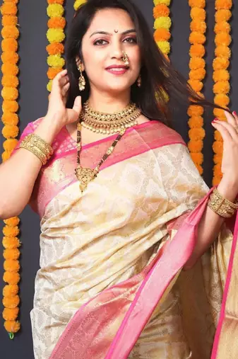 cream ethnic motifs woven zari silk kanjeevaram saree