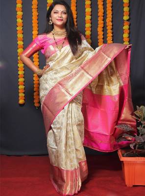 Woven design zari silk blend kanjeevaram saree with blouse piece 1
