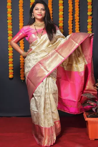 cream woven zari silk blend kanjeevaram saree with blouse piece