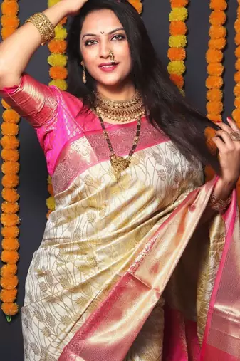 cream woven zari silk blend kanjeevaram saree with blouse piece
