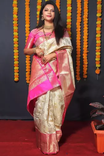 cream woven zari silk blend kanjeevaram saree with blouse piece