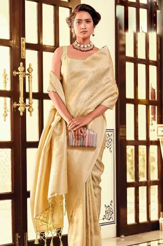 cream silk blend kanjeevaram saree with woven zari