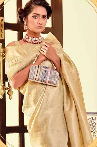 cream silk blend kanjeevaram saree with woven zari