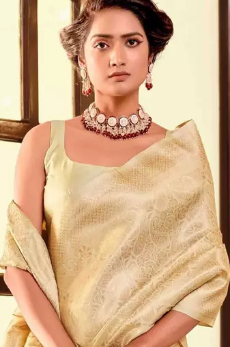 cream silk blend kanjeevaram saree with woven zari