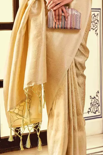 cream silk blend kanjeevaram saree with woven zari