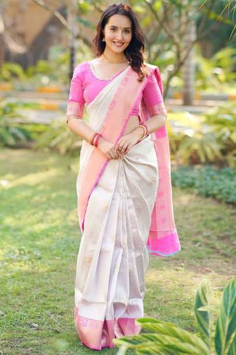 beige silk blend kanjeevaram saree with woven zari