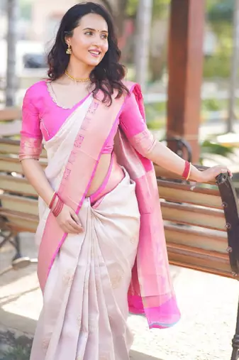 beige silk blend kanjeevaram saree with woven zari
