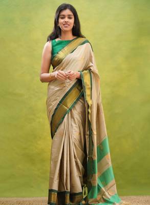 cream zari embroidery silk blend kanjeevaram saree with 1