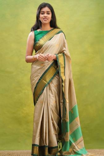 cream zari embroidery silk blend kanjeevaram saree with