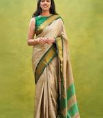 cream zari embroidery silk blend kanjeevaram saree with