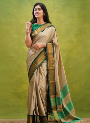 cream zari embroidery silk blend kanjeevaram saree with 2