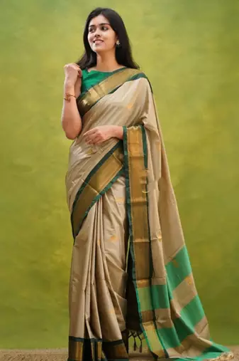 cream zari embroidery silk blend kanjeevaram saree with