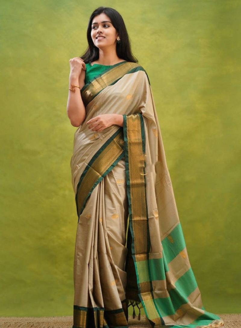cream zari embroidery silk blend kanjeevaram saree with
