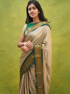 cream zari embroidery silk blend kanjeevaram saree with 3