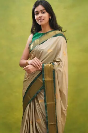 cream zari embroidery silk blend kanjeevaram saree with