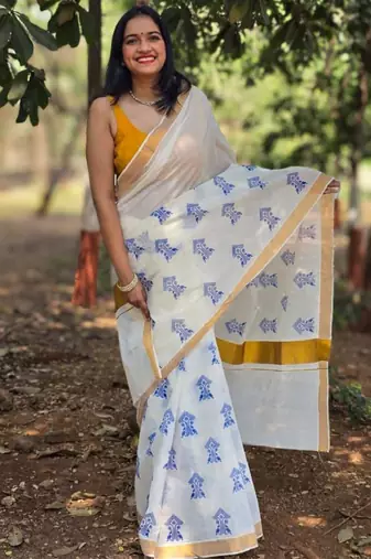 Ethnic motifs zari pure cotton kasavu saree