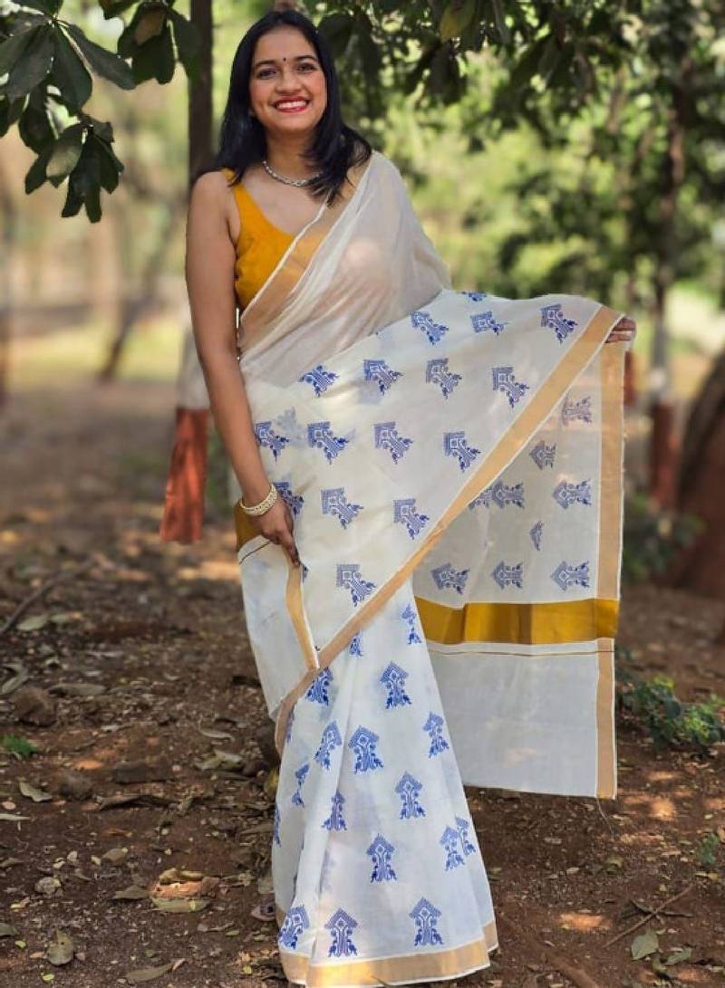 Ethnic motifs zari pure cotton kasavu saree