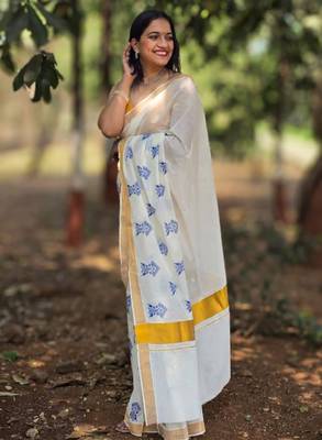 Ethnic motifs zari pure cotton kasavu saree 3