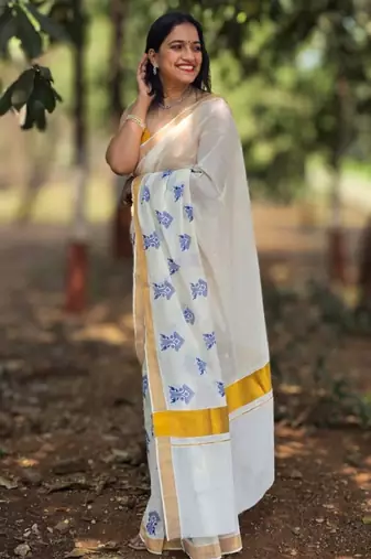 Ethnic motifs zari pure cotton kasavu saree