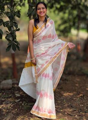 Ethnic motifs printed zari pure cotton kasavu saree 1