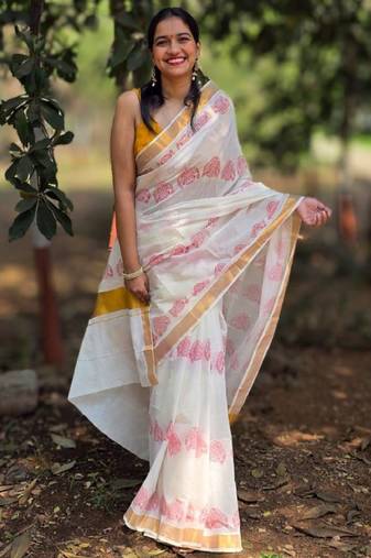 white ethnic motifs printed zari pure cotton kasavu saree