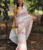 Ethnic motifs printed zari pure cotton kasavu saree