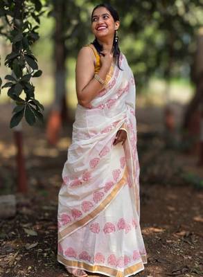Ethnic motifs printed zari pure cotton kasavu saree 2
