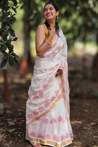 Ethnic motifs printed zari pure cotton kasavu saree