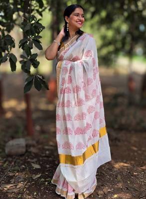 Ethnic motifs printed zari pure cotton kasavu saree 3