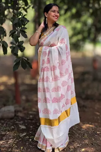 Ethnic motifs printed zari pure cotton kasavu saree