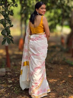 Ethnic motifs printed zari pure cotton kasavu saree 4