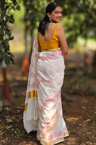 Ethnic motifs printed zari pure cotton kasavu saree