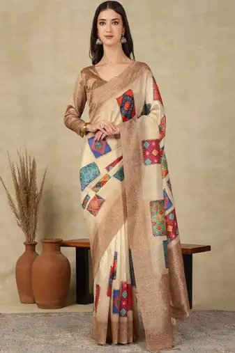 Ethnic motifs woven design silk cotton kasavu saree