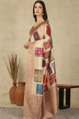 Ethnic motifs woven design silk cotton kasavu saree