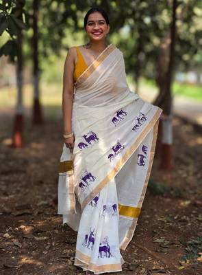 Ethnic motifs printed pure cotton kasavu saree 1