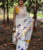 Ethnic motifs printed pure cotton kasavu saree
