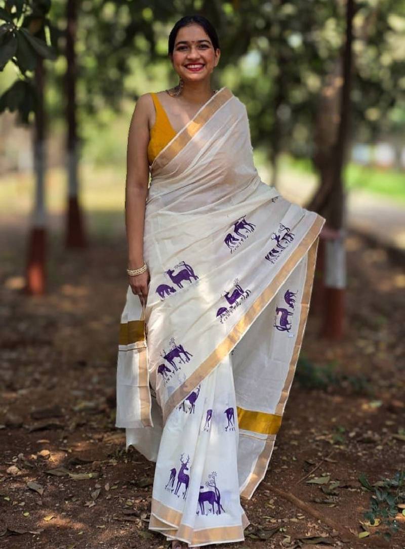Ethnic motifs printed pure cotton kasavu saree