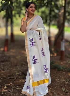 Ethnic motifs printed pure cotton kasavu saree 2